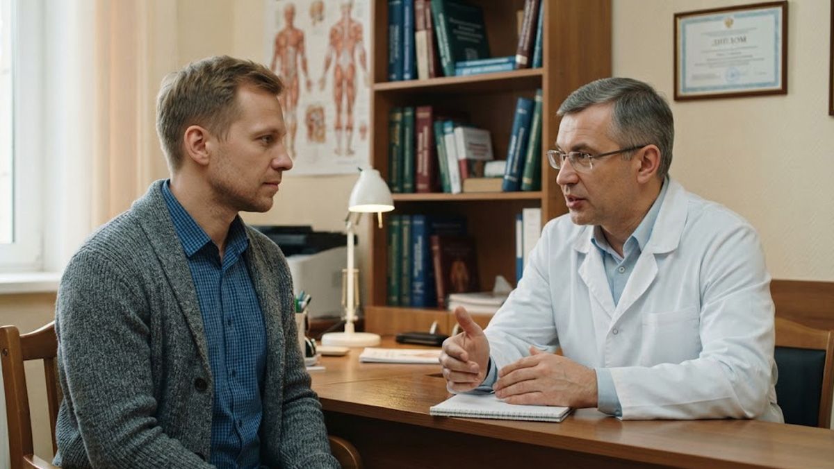 Мужчина на консультации у врача-нарколога обсуждает процедуру кодирования препаратом Аквилонг.