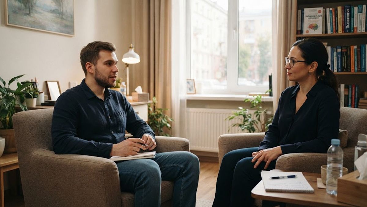 Мужчина на консультации у врача-психотерапевта в уютном кабинете.