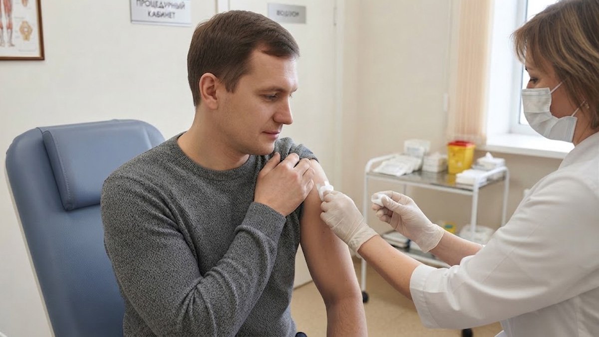 Врач делает внутримышечную инъекцию препарата Алгоминал пациенту-мужчине в процедурном кабинете.