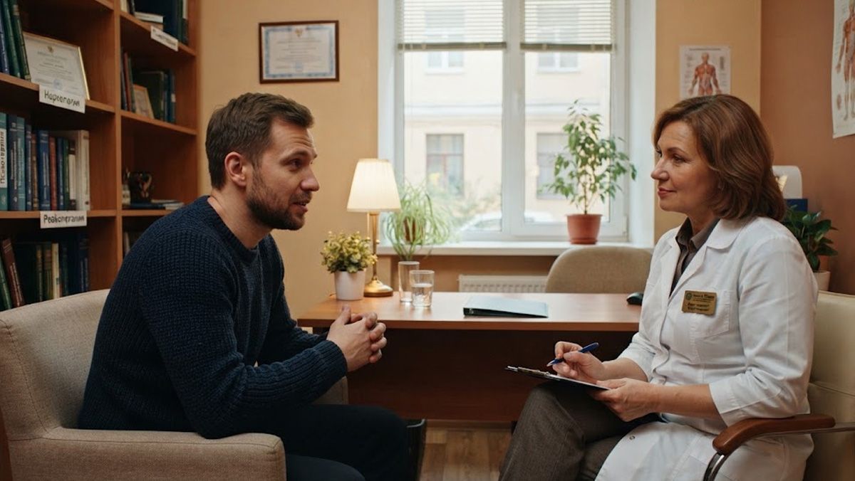 Мужчина на консультации у врача-психолога в кабинете во время психотерапевтической реабилитации после перенесенной белой горячки.