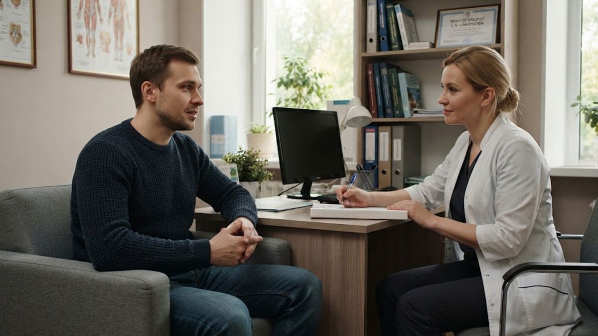 Мужчина на консультации у врача-реабилитолога в медицинском кабинете во время реабилитации после срыва.