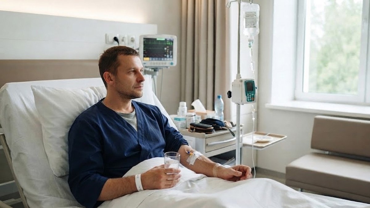 Пациент в палате наркологического стационара во время лечения алкоголизма.